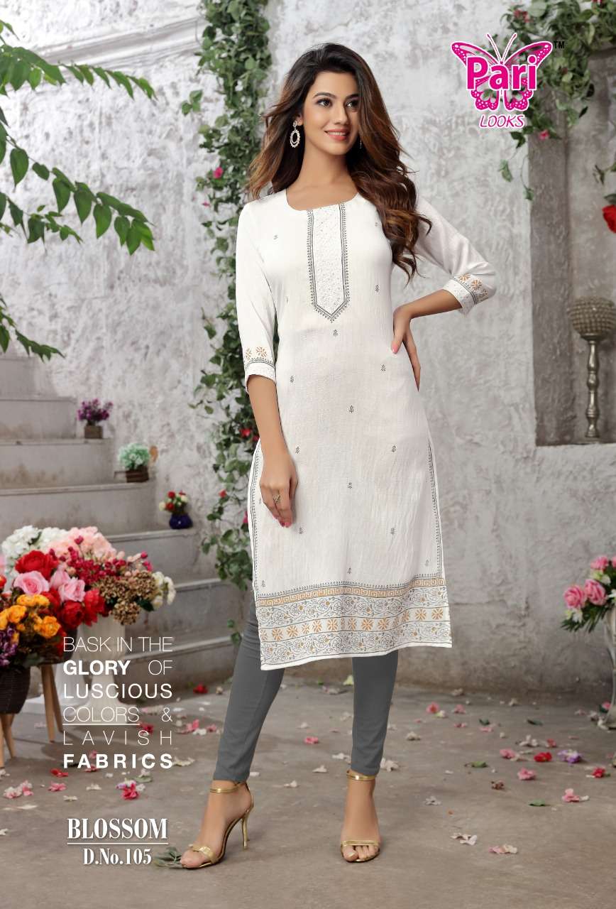 BLOSSOM BY PARI 101 TO 108 SERIES DESIGNER STYLISH FANCY COLORFUL BEAUTIFUL PARTY WEAR & ETHNIC WEAR COLLECTION VISCOSE RAYON KURTIS AT WHOLESALE PRICE