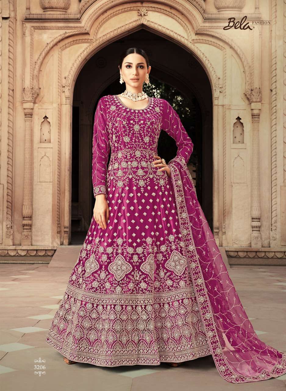 HOOR BY BELA FASHION 3204 TO 3210 SERIES BEAUTIFUL ANARKALI SUITS COLORFUL STYLISH FANCY CASUAL WEAR & ETHNIC WEAR HEAVY NET DRESSES AT WHOLESALE PRICE