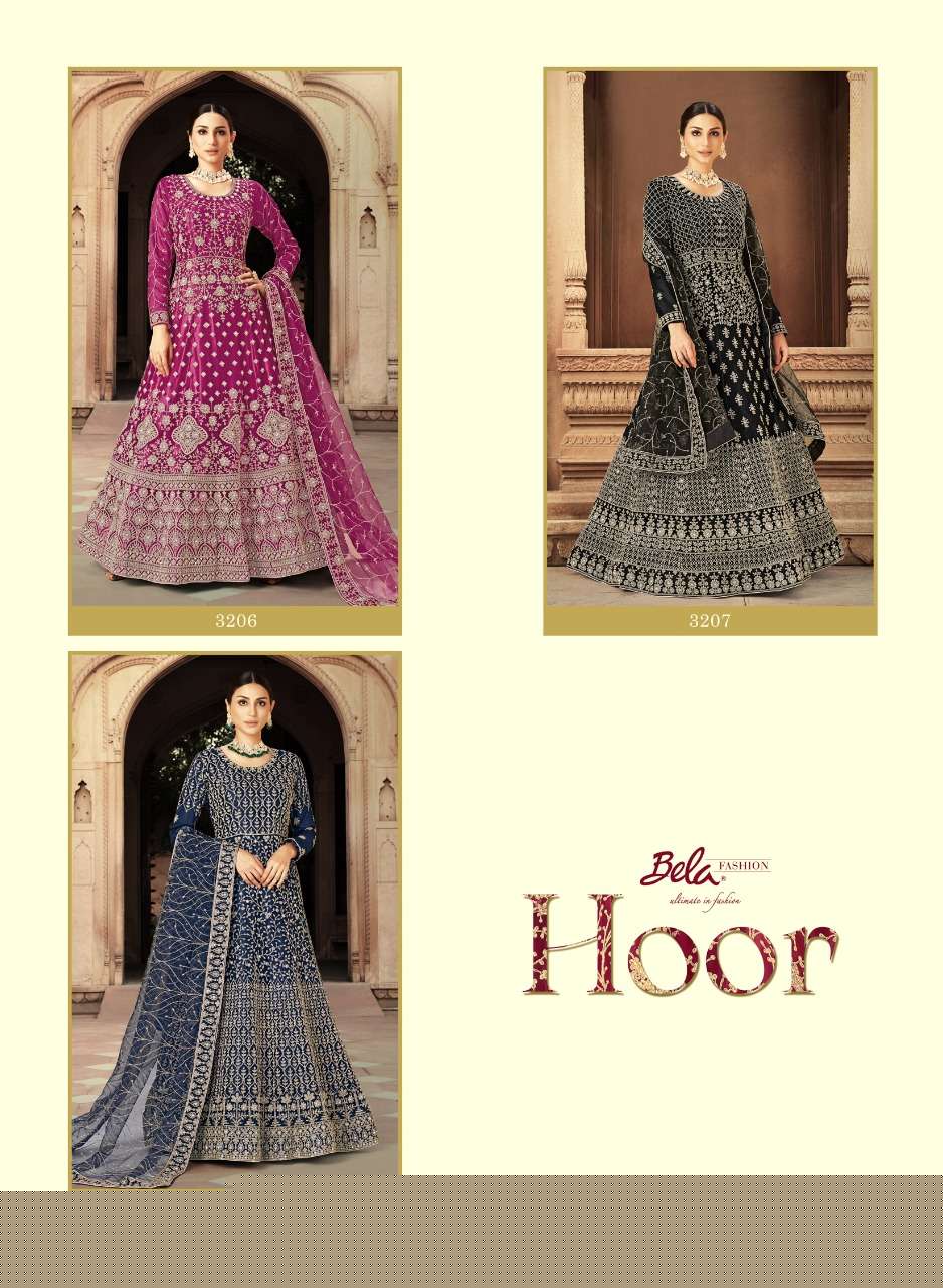 HOOR BY BELA FASHION 3204 TO 3210 SERIES BEAUTIFUL ANARKALI SUITS COLORFUL STYLISH FANCY CASUAL WEAR & ETHNIC WEAR HEAVY NET DRESSES AT WHOLESALE PRICE