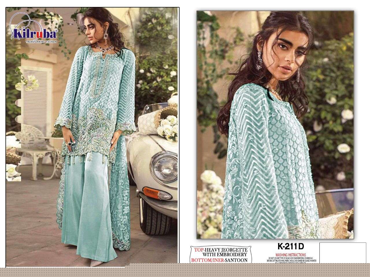 KILRUBA HIT DESIGN K-211 COLOURS BY KILRUBA K-211-B TO K-211-D SERIES DESIGNER FESTIVE PAKISTANI SUITS COLLECTION BEAUTIFUL STYLISH FANCY COLORFUL PARTY WEAR & OCCASIONAL WEAR GEORGETTE EMBROIDERED DRESSES AT WHOLESALE PRICE