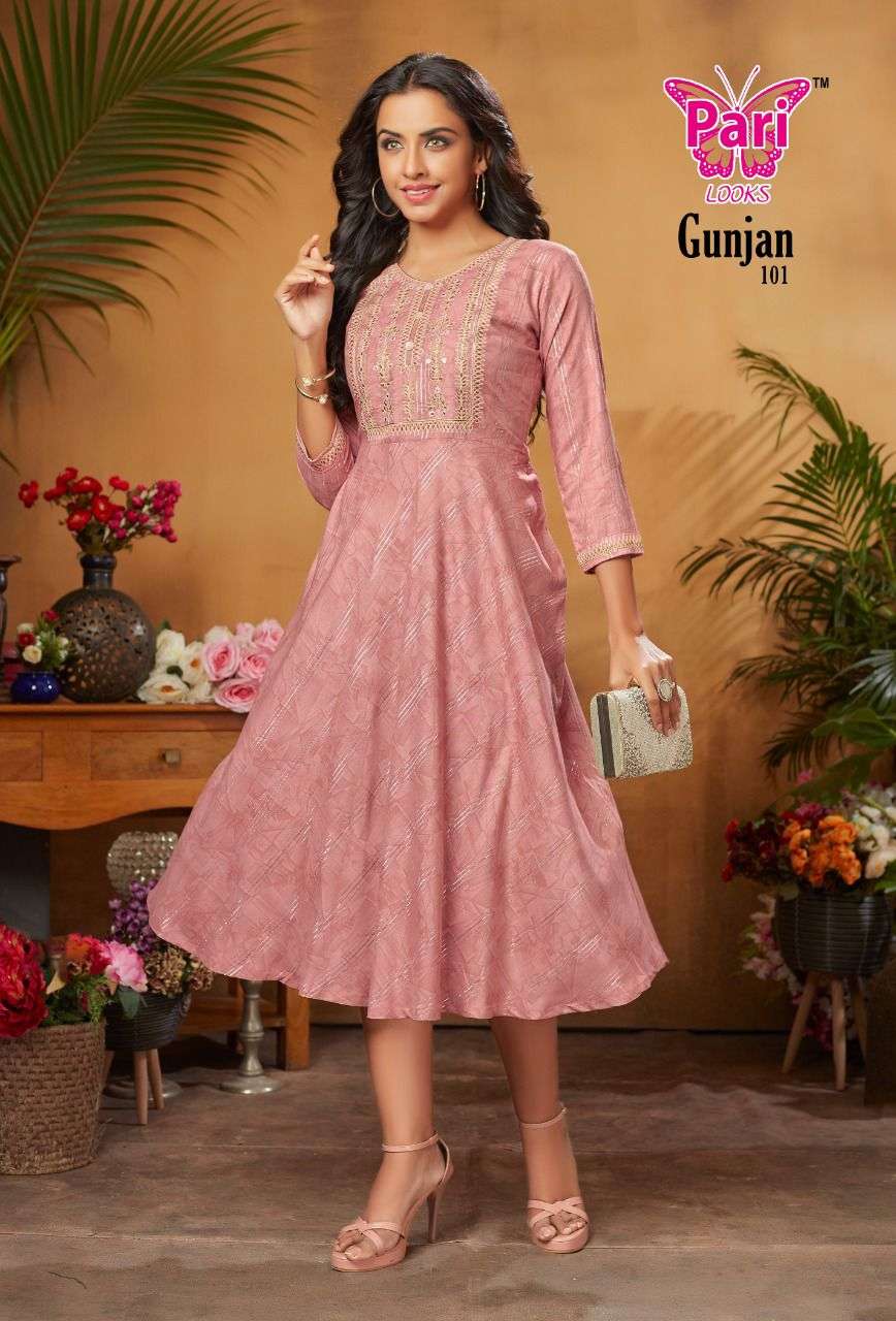 GUNJAN BY PARI 101 TO 108 SERIES DESIGNER STYLISH FANCY COLORFUL BEAUTIFUL PARTY WEAR & ETHNIC WEAR COLLECTION RAYON PRINT KURTIS AT WHOLESALE PRICE