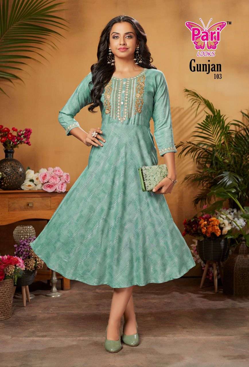 GUNJAN BY PARI 101 TO 108 SERIES DESIGNER STYLISH FANCY COLORFUL BEAUTIFUL PARTY WEAR & ETHNIC WEAR COLLECTION RAYON PRINT KURTIS AT WHOLESALE PRICE