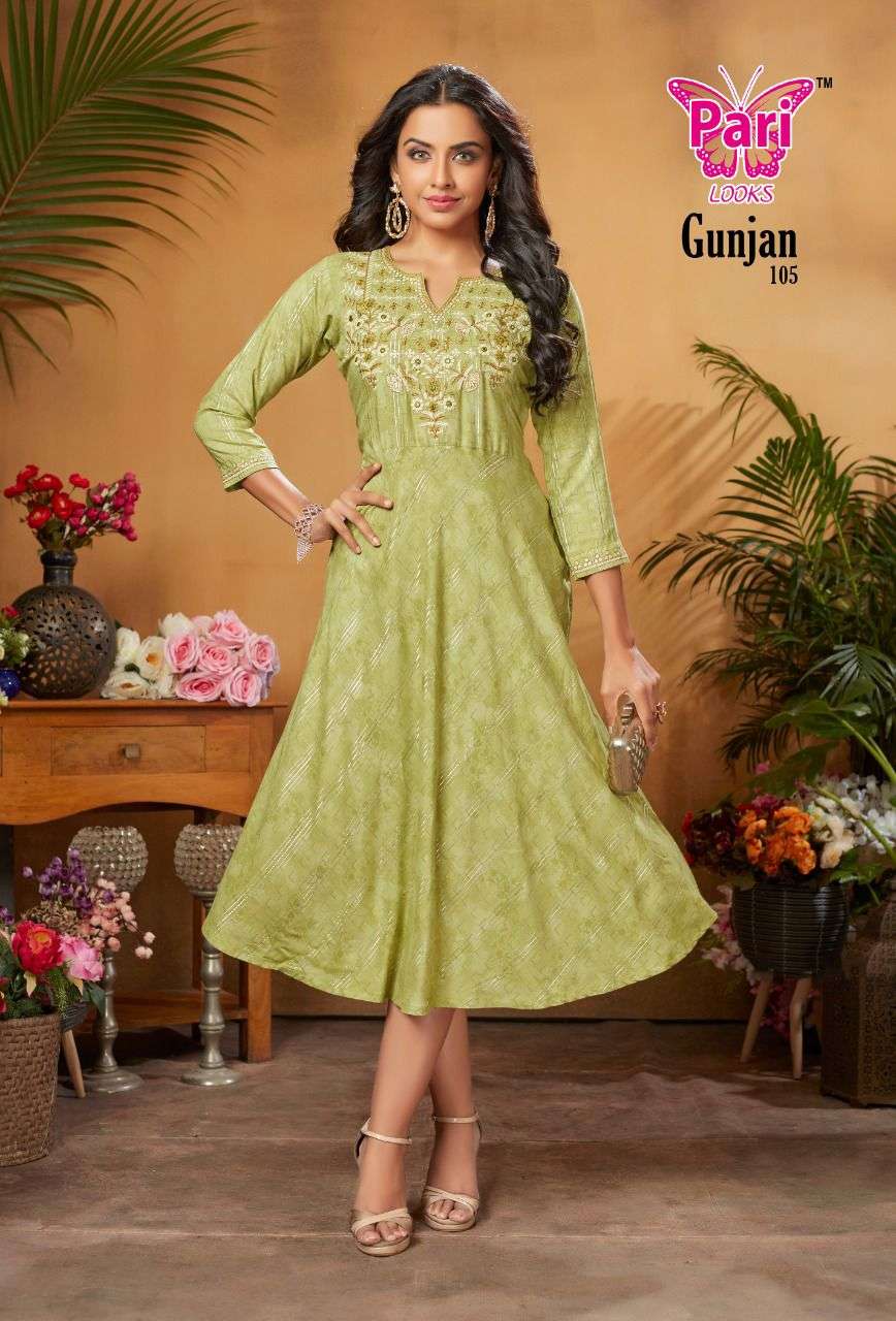 GUNJAN BY PARI 101 TO 108 SERIES DESIGNER STYLISH FANCY COLORFUL BEAUTIFUL PARTY WEAR & ETHNIC WEAR COLLECTION RAYON PRINT KURTIS AT WHOLESALE PRICE