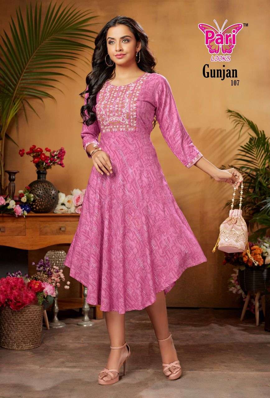 GUNJAN BY PARI 101 TO 108 SERIES DESIGNER STYLISH FANCY COLORFUL BEAUTIFUL PARTY WEAR & ETHNIC WEAR COLLECTION RAYON PRINT KURTIS AT WHOLESALE PRICE