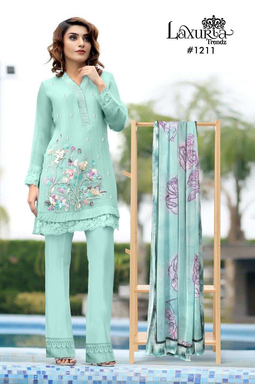 LUXURIA TRENDZ 1211 COLOURS BY LUXURIA TRENDZ 1211-A TO 1211-C SERIES DESIGNER FESTIVE PAKISTANI SUITS COLLECTION BEAUTIFUL STYLISH FANCY COLORFUL PARTY WEAR & OCCASIONAL WEAR FAUX GEORGETTE EMBROIDERED DRESSES AT WHOLESALE PRICE