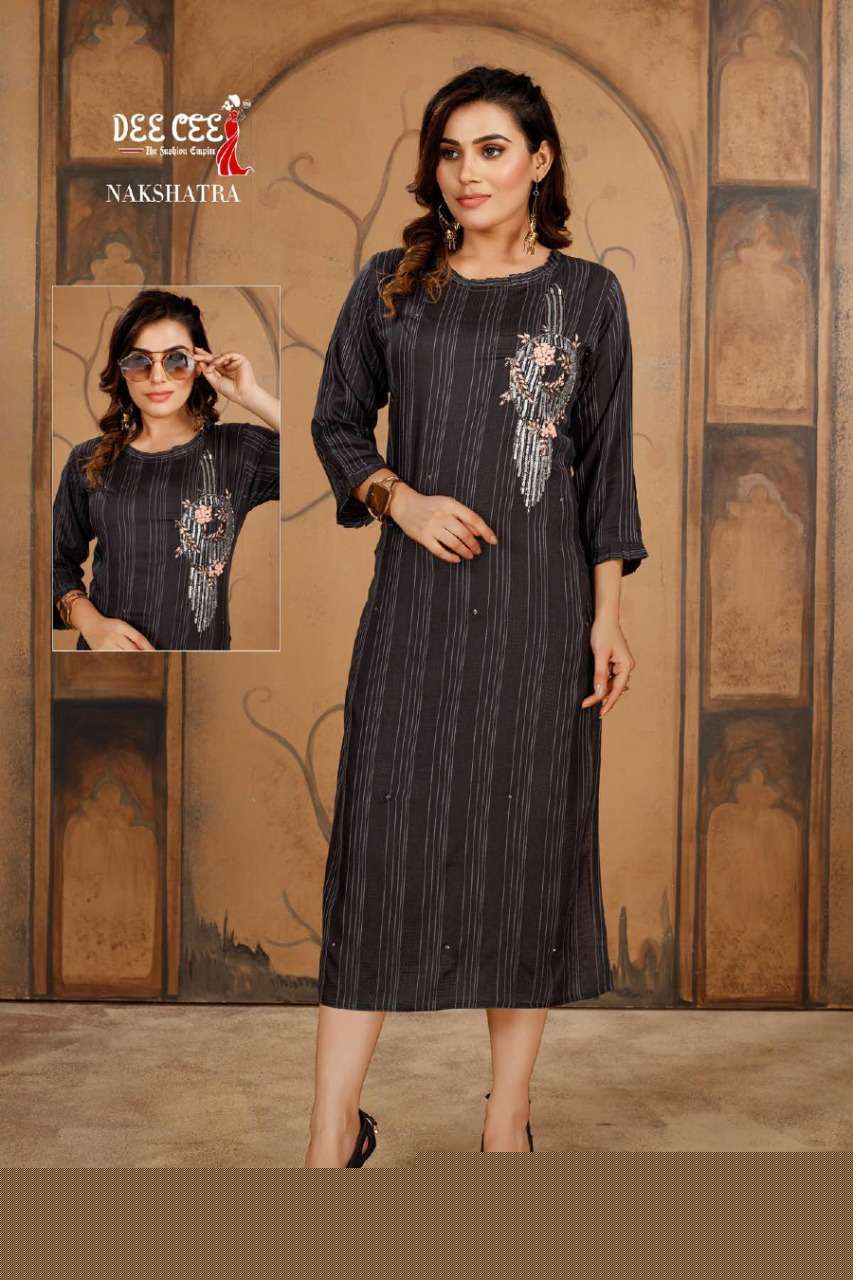 NAKSHATRA BY DEE CEE 101 TO 106 SERIES DESIGNER STYLISH FANCY COLORFUL BEAUTIFUL PARTY WEAR & ETHNIC WEAR COLLECTION RAYON WITH WORK KURTIS AT WHOLESALE PRICE