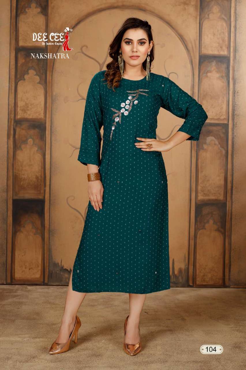 NAKSHATRA BY DEE CEE 101 TO 106 SERIES DESIGNER STYLISH FANCY COLORFUL BEAUTIFUL PARTY WEAR & ETHNIC WEAR COLLECTION RAYON WITH WORK KURTIS AT WHOLESALE PRICE