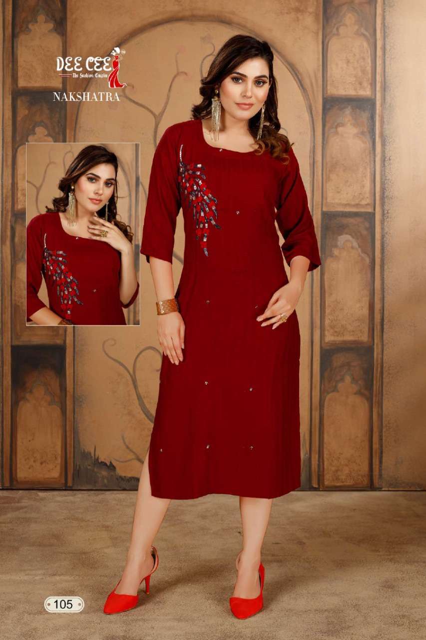 NAKSHATRA BY DEE CEE 101 TO 106 SERIES DESIGNER STYLISH FANCY COLORFUL BEAUTIFUL PARTY WEAR & ETHNIC WEAR COLLECTION RAYON WITH WORK KURTIS AT WHOLESALE PRICE