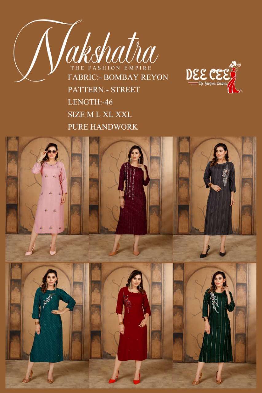 NAKSHATRA BY DEE CEE 101 TO 106 SERIES DESIGNER STYLISH FANCY COLORFUL BEAUTIFUL PARTY WEAR & ETHNIC WEAR COLLECTION RAYON WITH WORK KURTIS AT WHOLESALE PRICE