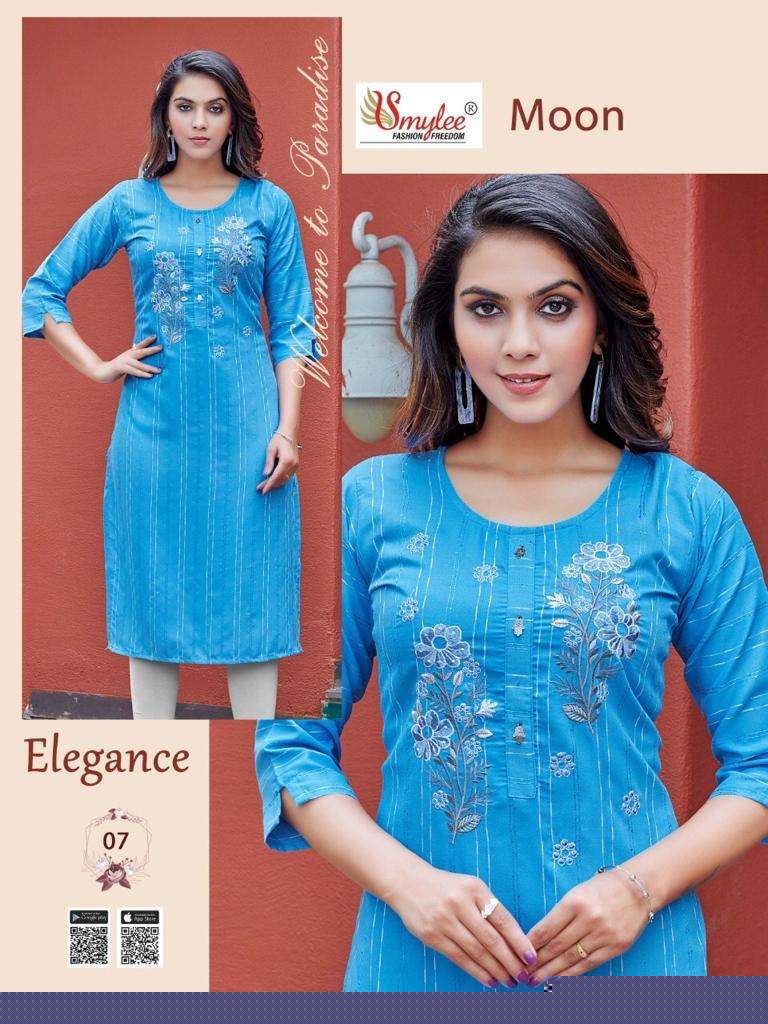MOON BY SMYLEE 01 TO 08 SERIES DESIGNER STYLISH FANCY COLORFUL BEAUTIFUL PARTY WEAR & ETHNIC WEAR COLLECTION RAYON KURTIS AT WHOLESALE PRICE