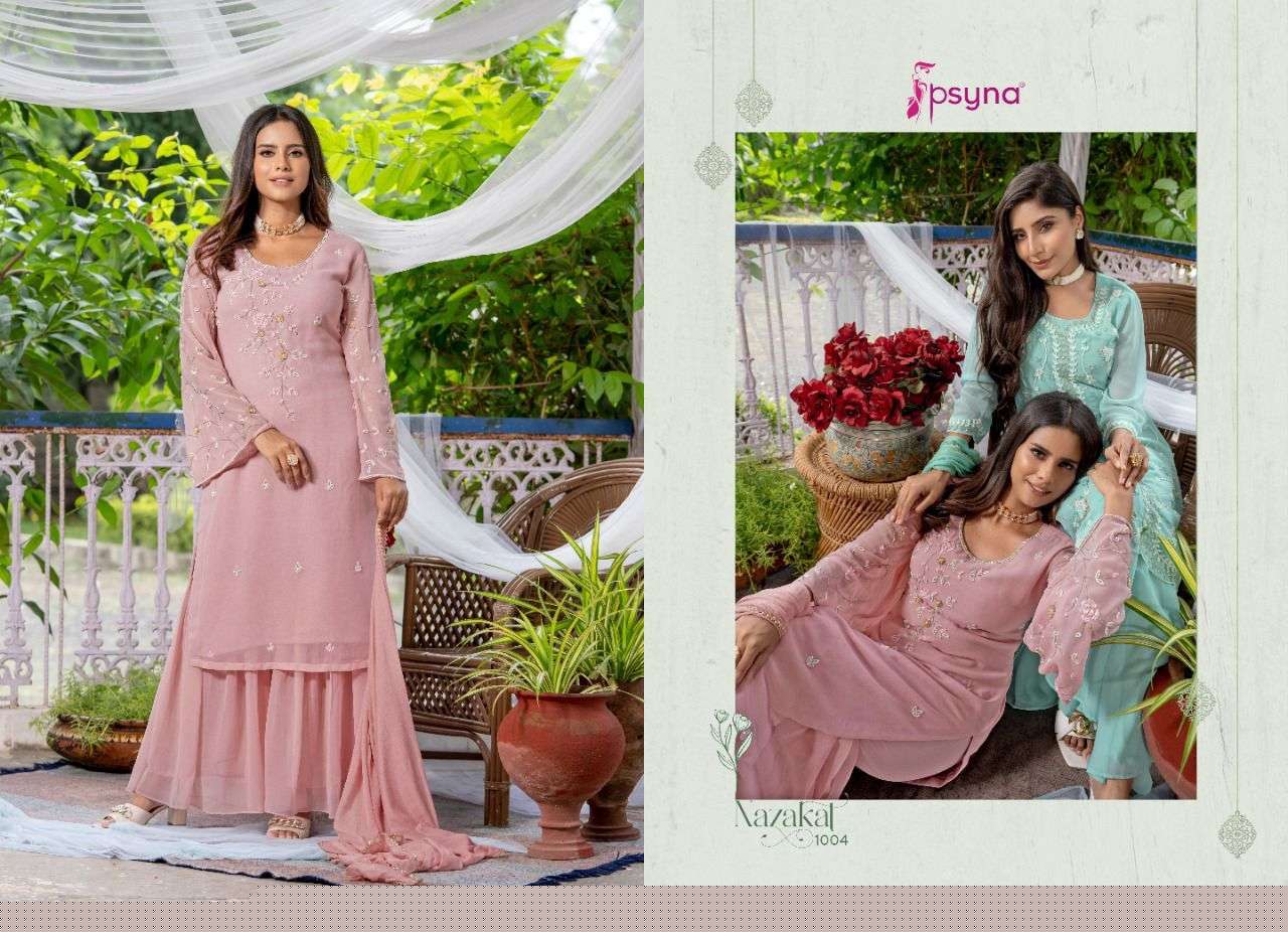 NAZAKAT BY PSYNA 1001 TO 1006 SERIES BEAUTIFUL SHARARA SUITS COLORFUL STYLISH FANCY CASUAL WEAR & ETHNIC WEAR GEORGETTE DRESSES AT WHOLESALE PRICE