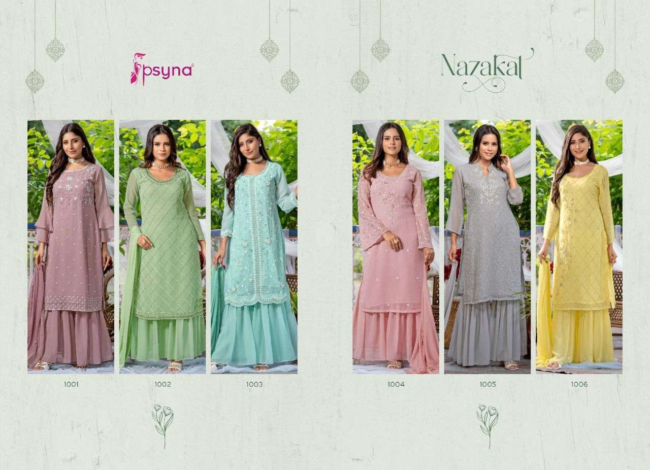 NAZAKAT BY PSYNA 1001 TO 1006 SERIES BEAUTIFUL SHARARA SUITS COLORFUL STYLISH FANCY CASUAL WEAR & ETHNIC WEAR GEORGETTE DRESSES AT WHOLESALE PRICE