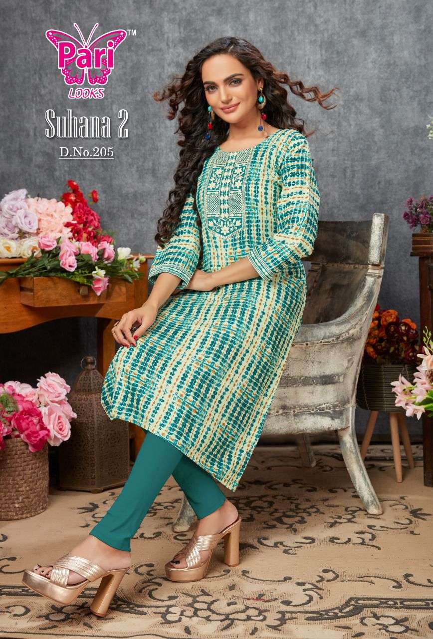 SUHANA VOL-2 BY PARI 201 TO 208 SERIES BEAUTIFUL STYLISH FANCY COLORFUL CASUAL WEAR & ETHNIC WEAR RAYON FOIL KURTIS AT WHOLESALE PRICE