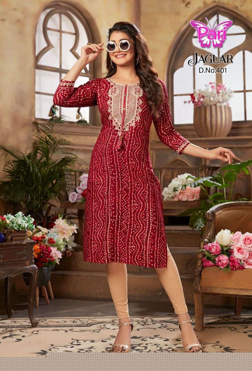 JAGUAR VOL-4 BY PARI 401 TO 408 SERIES BEAUTIFUL STYLISH FANCY COLORFUL CASUAL WEAR & ETHNIC WEAR RAYON FOIL KURTIS AT WHOLESALE PRICE