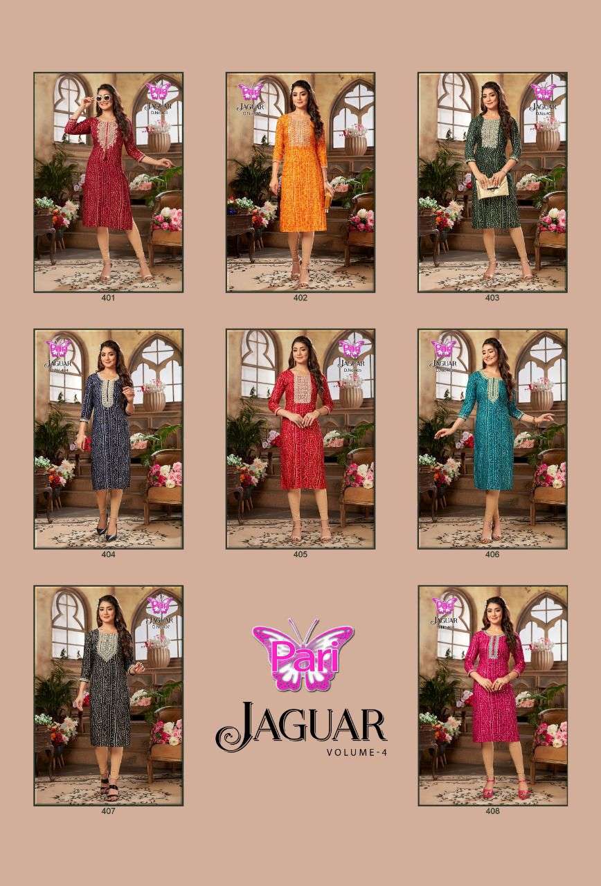 JAGUAR VOL-4 BY PARI 401 TO 408 SERIES BEAUTIFUL STYLISH FANCY COLORFUL CASUAL WEAR & ETHNIC WEAR RAYON FOIL KURTIS AT WHOLESALE PRICE