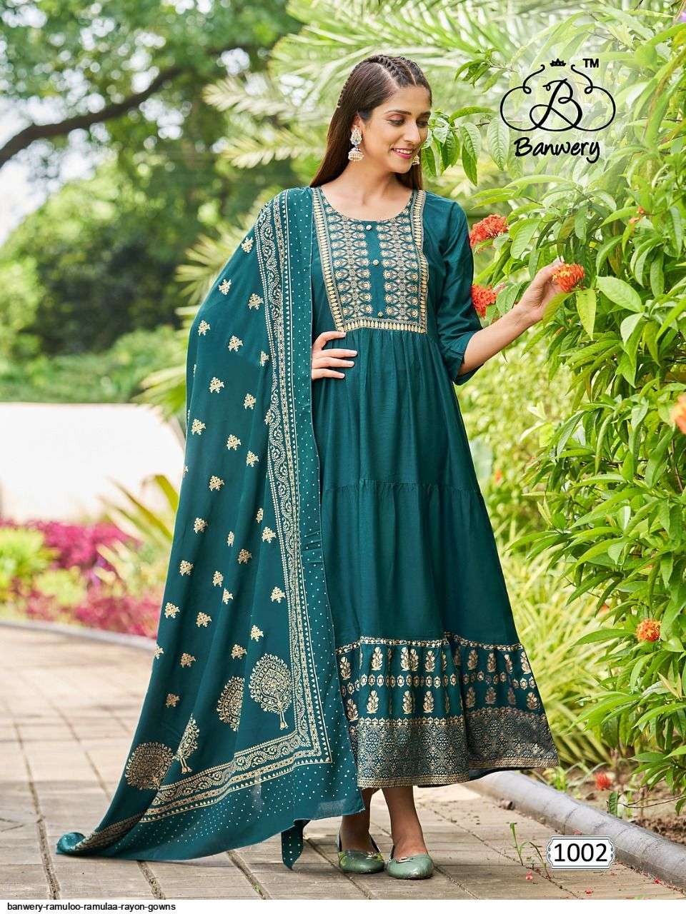 RAMULOO RAMULAA BY BANWERY FASHION 1001 TO 1008 SERIES BEAUTIFUL STYLISH FANCY COLORFUL CASUAL WEAR & ETHNIC WEAR RAYON FOIL PRINT GOWNS WITH DUPATTA AT WHOLESALE PRICE