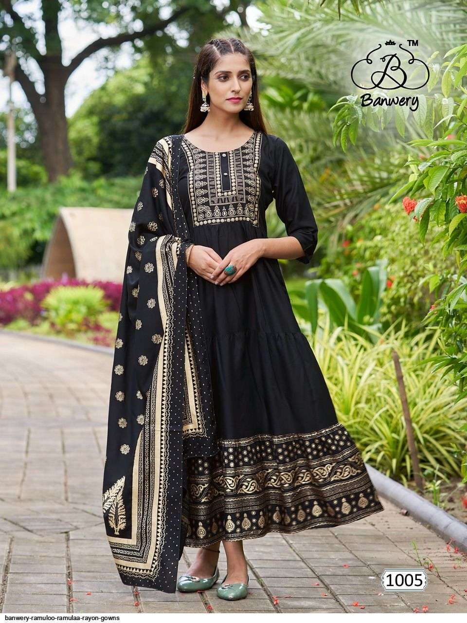 RAMULOO RAMULAA BY BANWERY FASHION 1001 TO 1008 SERIES BEAUTIFUL STYLISH FANCY COLORFUL CASUAL WEAR & ETHNIC WEAR RAYON FOIL PRINT GOWNS WITH DUPATTA AT WHOLESALE PRICE