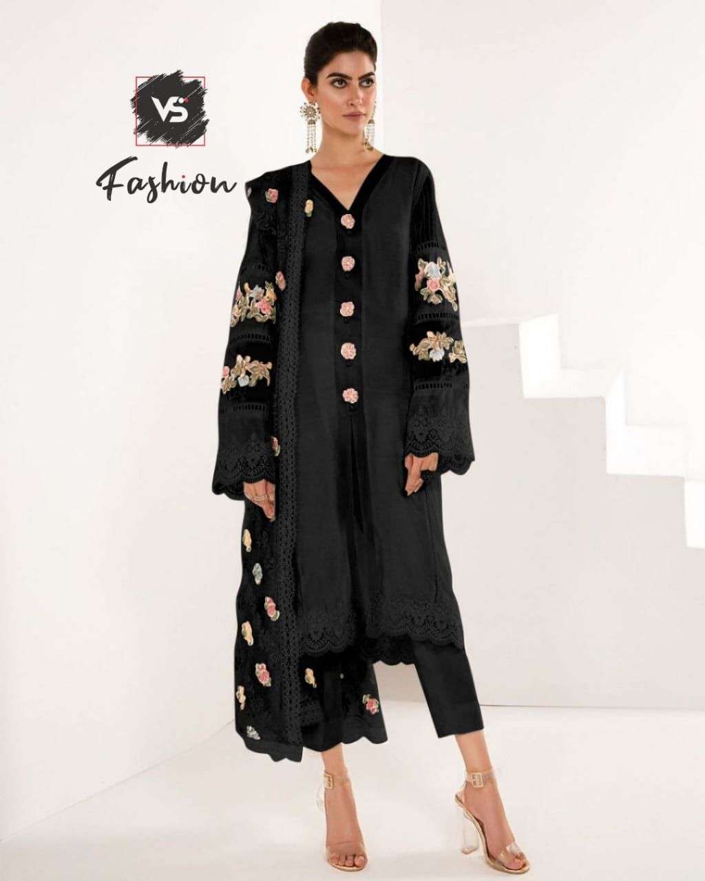 V S FASHION HIT DESIGN 607 COLOURS BY V S FASHION 607-A TO 607-C SERIES DESIGNER PAKISTANI SUITS COLLECTION BEAUTIFUL STYLISH COLORFUL FANCY PARTY WEAR & OCCASIONAL WEAR FAUX GEORGETTE DRESSES AT WHOLESALE PRICE
