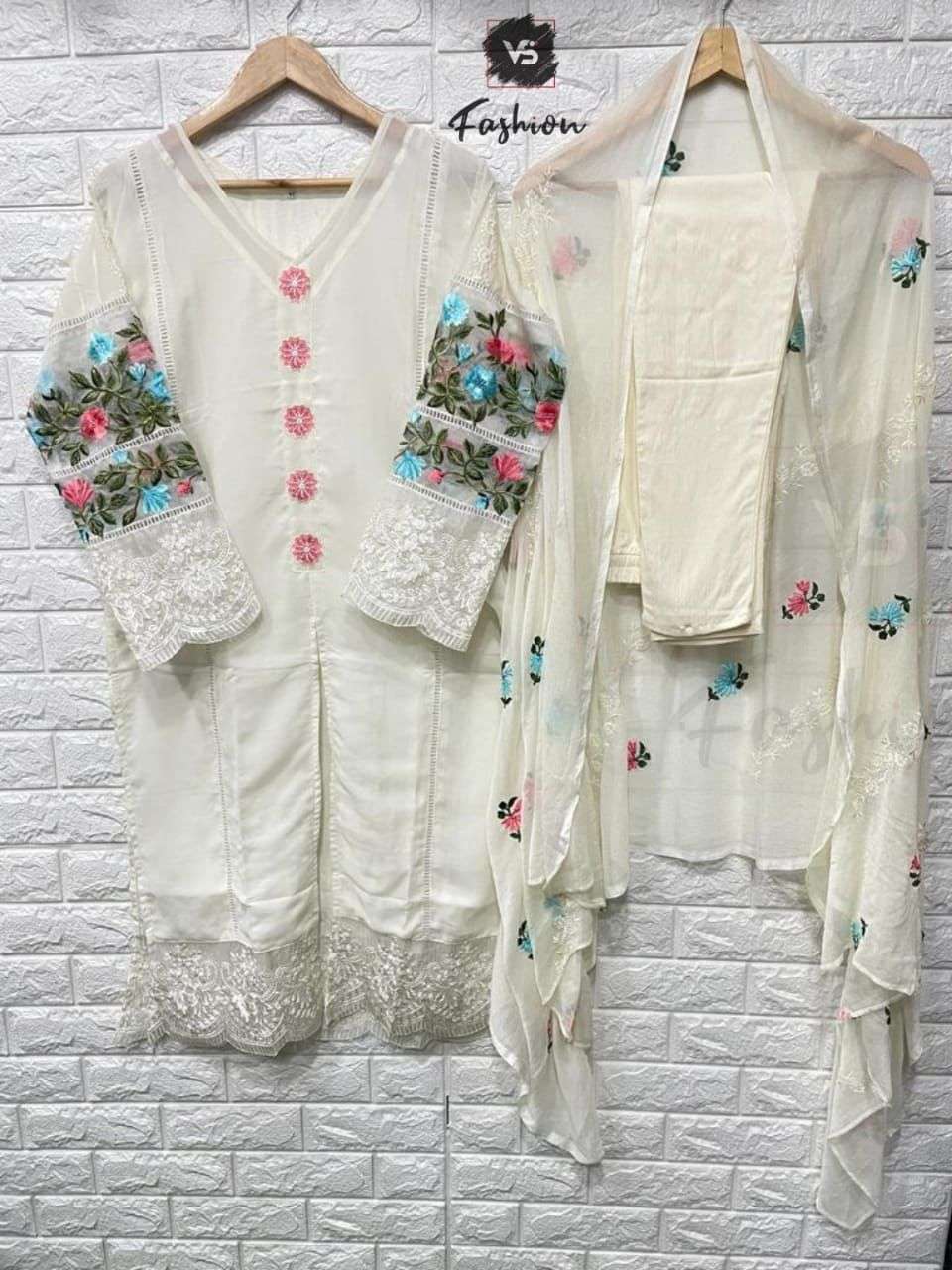 V S FASHION HIT DESIGN 607 COLOURS BY V S FASHION 607-A TO 607-C SERIES DESIGNER PAKISTANI SUITS COLLECTION BEAUTIFUL STYLISH COLORFUL FANCY PARTY WEAR & OCCASIONAL WEAR FAUX GEORGETTE DRESSES AT WHOLESALE PRICE