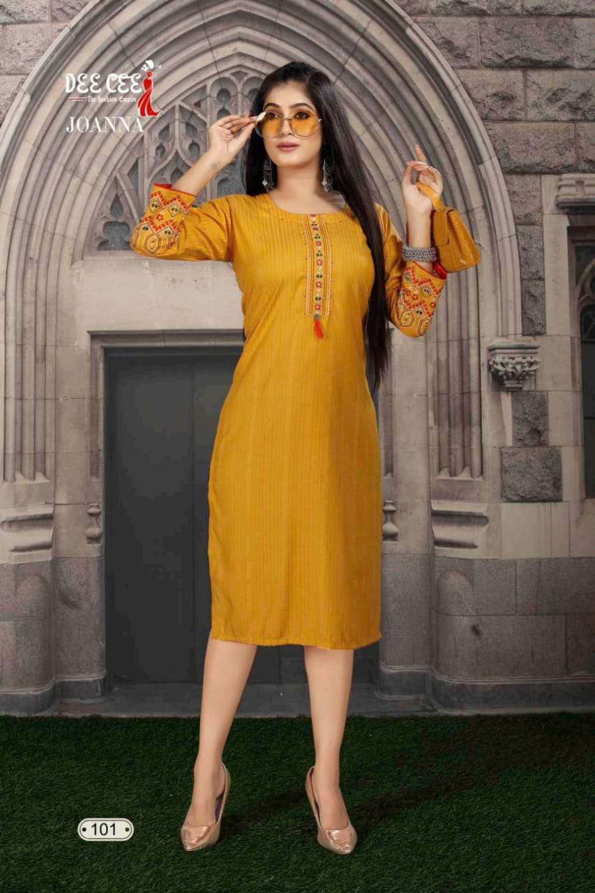 JOANNA BY DEE CEE 101 TO 106 SERIES DESIGNER STYLISH FANCY COLORFUL BEAUTIFUL PARTY WEAR & ETHNIC WEAR COLLECTION RAYON FOIL KURTIS AT WHOLESALE PRICE