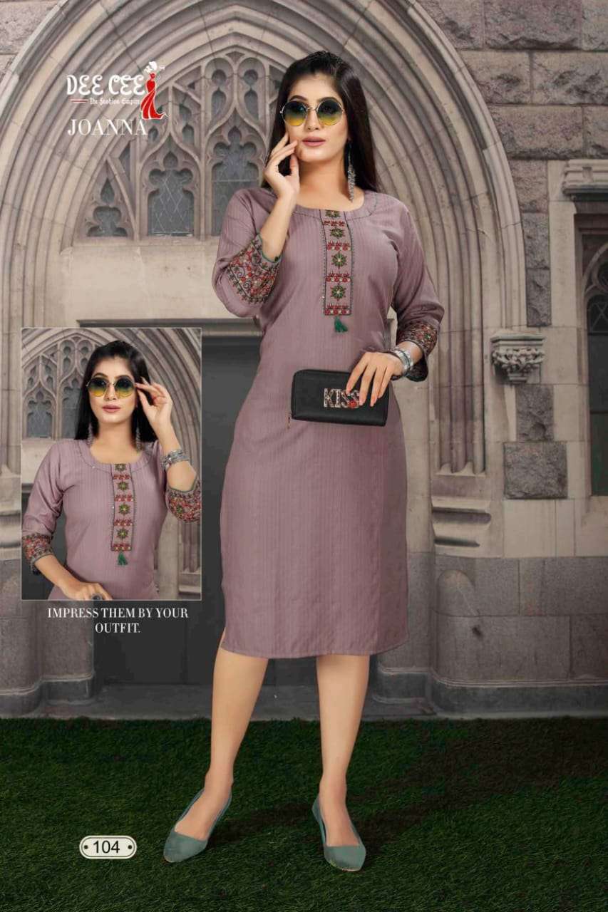 JOANNA BY DEE CEE 101 TO 106 SERIES DESIGNER STYLISH FANCY COLORFUL BEAUTIFUL PARTY WEAR & ETHNIC WEAR COLLECTION RAYON FOIL KURTIS AT WHOLESALE PRICE