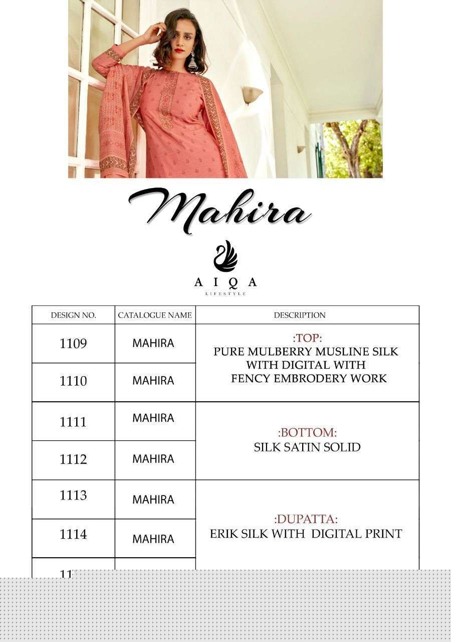 MAHIRA BY AIQA 1109 TO 1115 SERIES BEAUTIFUL SUITS STYLISH FANCY COLORFUL PARTY WEAR & OCCASIONAL WEAR MUSLIN SILK DRESSES AT WHOLESALE PRICE