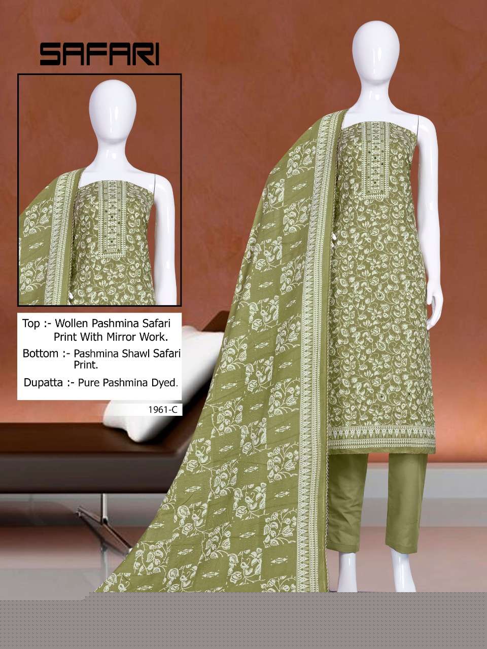 SAFARI-1961 BY BIPSON 1961-A TO 1961-D SERIES DESIGNER SUITS BEAUTIFUL STYLISH FANCY COLORFUL PARTY WEAR & ETHNIC WEAR PASHMINA PRINT DRESSES AT WHOLESALE PRICE