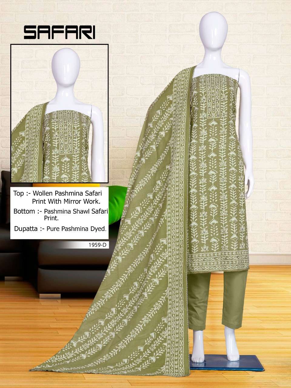 SAFARI-1959 BY BIPSON 1959-A TO 1959-D SERIES BEAUTIFUL STYLISH SUITS FANCY COLORFUL CASUAL WEAR & ETHNIC WEAR & READY TO WEAR PASHMINA PRINT WITH WORK DRESSES AT WHOLESALE PRICE