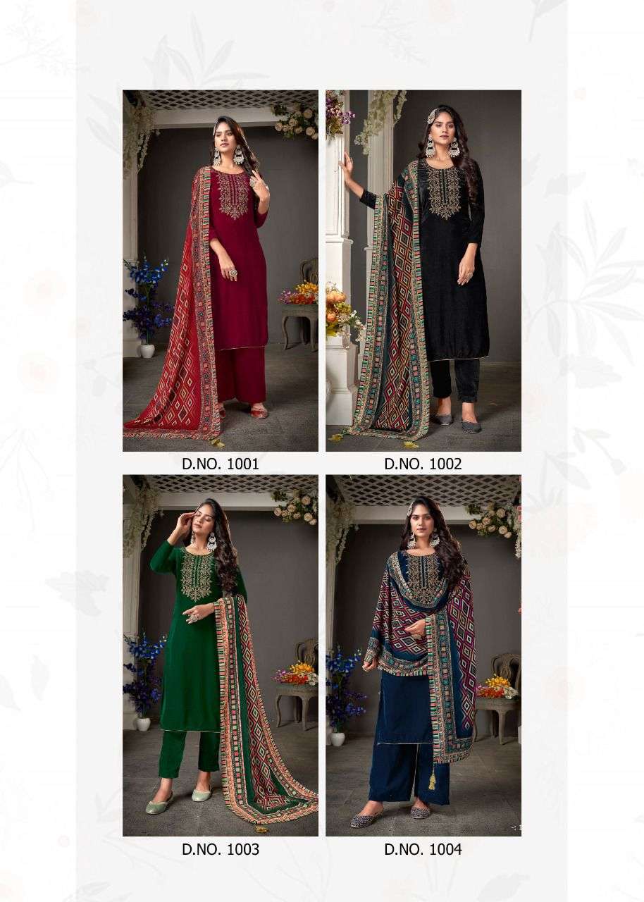 AMIRAA VOL-1 BY BIPSON 1001 TO 1004 SERIES BEAUTIFUL STYLISH SUITS FANCY COLORFUL CASUAL WEAR & ETHNIC WEAR & READY TO WEAR PURE VISCOSE VELVET EMBROIDERED DRESSES AT WHOLESALE PRICE
