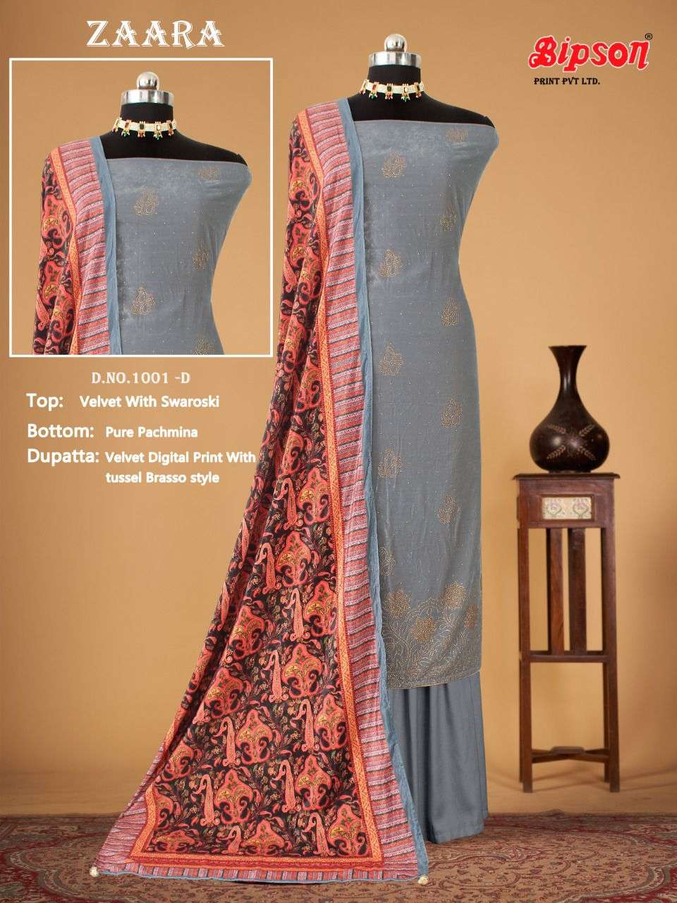 ZAARA BY BIPSON 1001-A TO 1001-D SERIES BEAUTIFUL SUITS COLORFUL STYLISH FANCY CASUAL WEAR & ETHNIC WEAR PURE VELVET WITH WORK DRESSES AT WHOLESALE PRICE