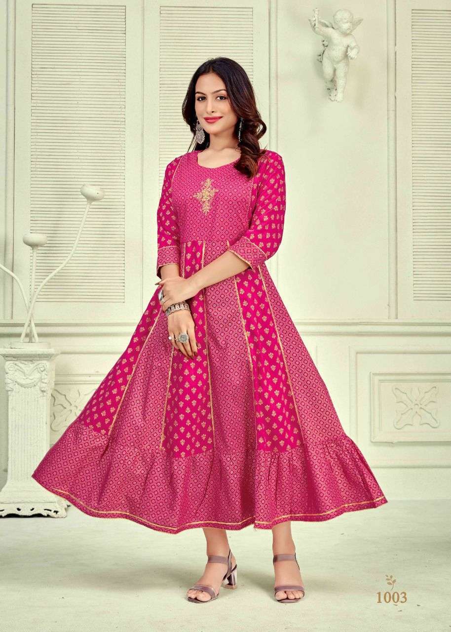 NAYANTARA VOL-18 BY BANWERY FASHION 1001 TO 1005 SERIES DESIGNER STYLISH FANCY COLORFUL BEAUTIFUL PARTY WEAR & ETHNIC WEAR COLLECTION RAYON FOIL PRINT KURTIS AT WHOLESALE PRICE