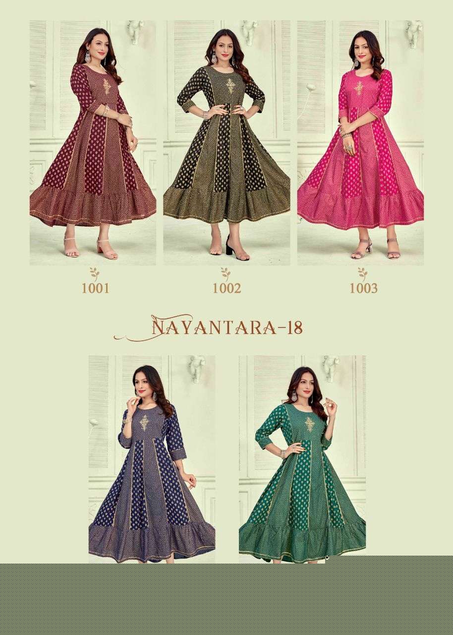 NAYANTARA VOL-18 BY BANWERY FASHION 1001 TO 1005 SERIES DESIGNER STYLISH FANCY COLORFUL BEAUTIFUL PARTY WEAR & ETHNIC WEAR COLLECTION RAYON FOIL PRINT KURTIS AT WHOLESALE PRICE