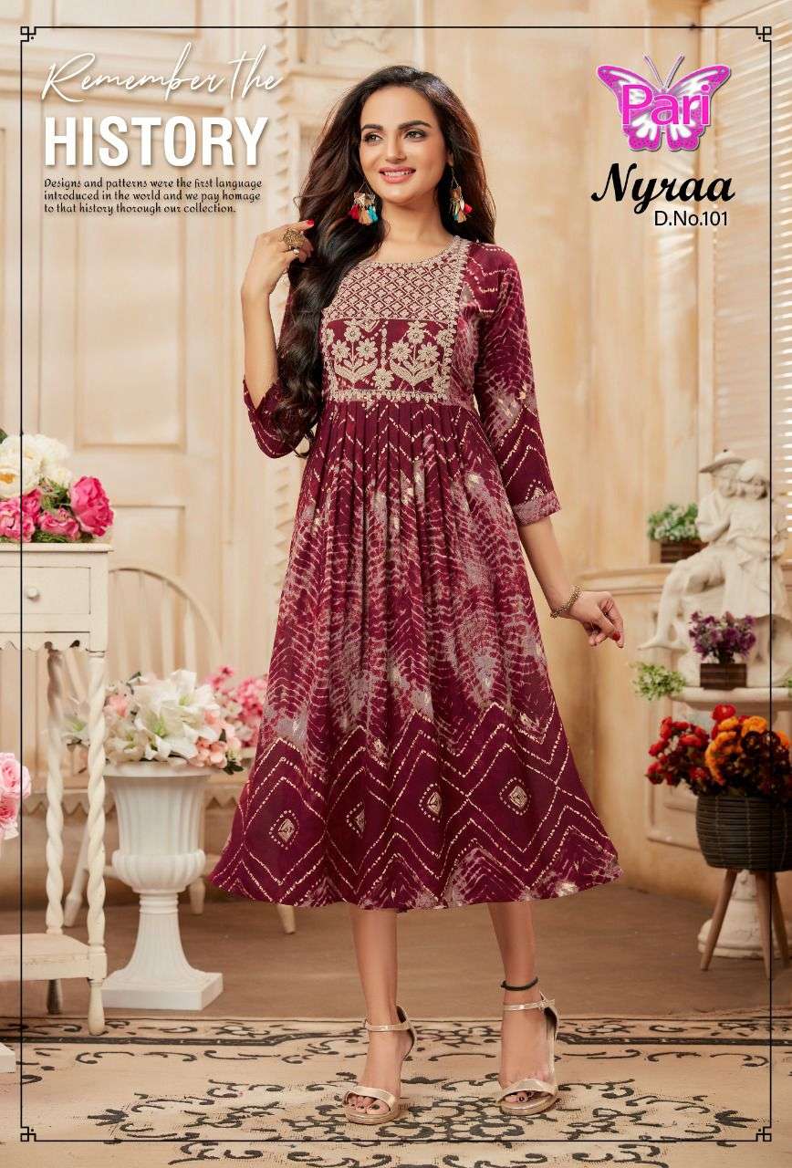 NYRAA BY PARI 101 TO 108 SERIES BEAUTIFUL STYLISH FANCY COLORFUL CASUAL WEAR & ETHNIC WEAR RAYON PRINTS KURTIS AT WHOLESALE PRICE
