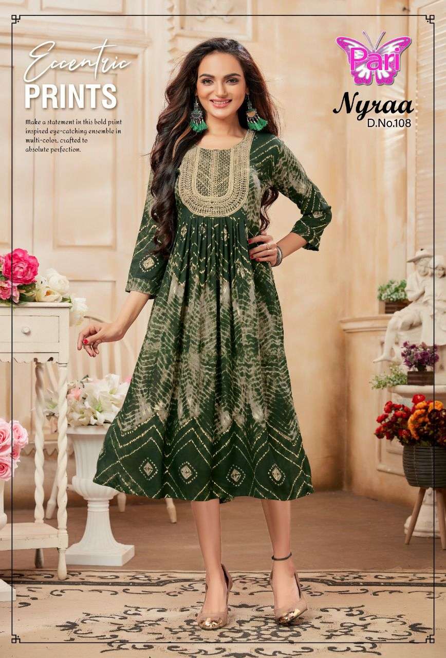 NYRAA BY PARI 101 TO 108 SERIES BEAUTIFUL STYLISH FANCY COLORFUL CASUAL WEAR & ETHNIC WEAR RAYON PRINTS KURTIS AT WHOLESALE PRICE