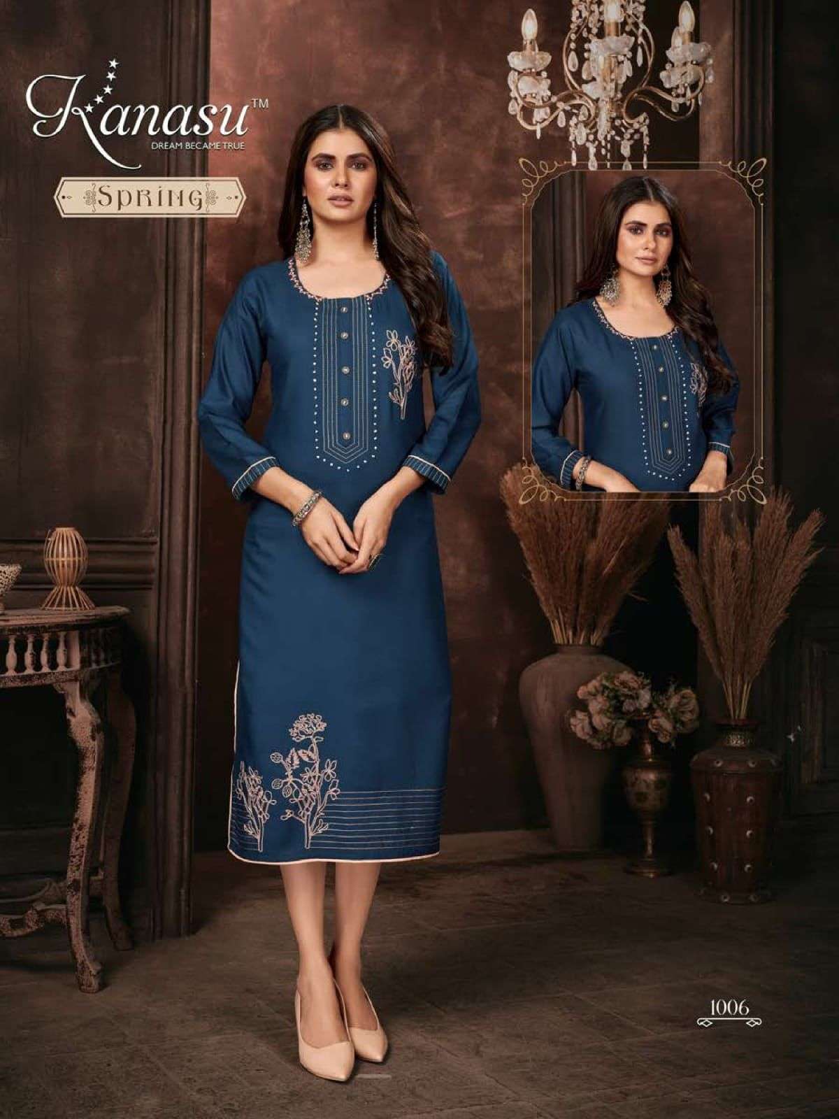 SPRING BY KANASU 1001 TO 1008 SERIES BEAUTIFUL STYLISH FANCY COLORFUL CASUAL WEAR & ETHNIC WEAR RAYON EMBROIDERED KURTIS AT WHOLESALE PRICE