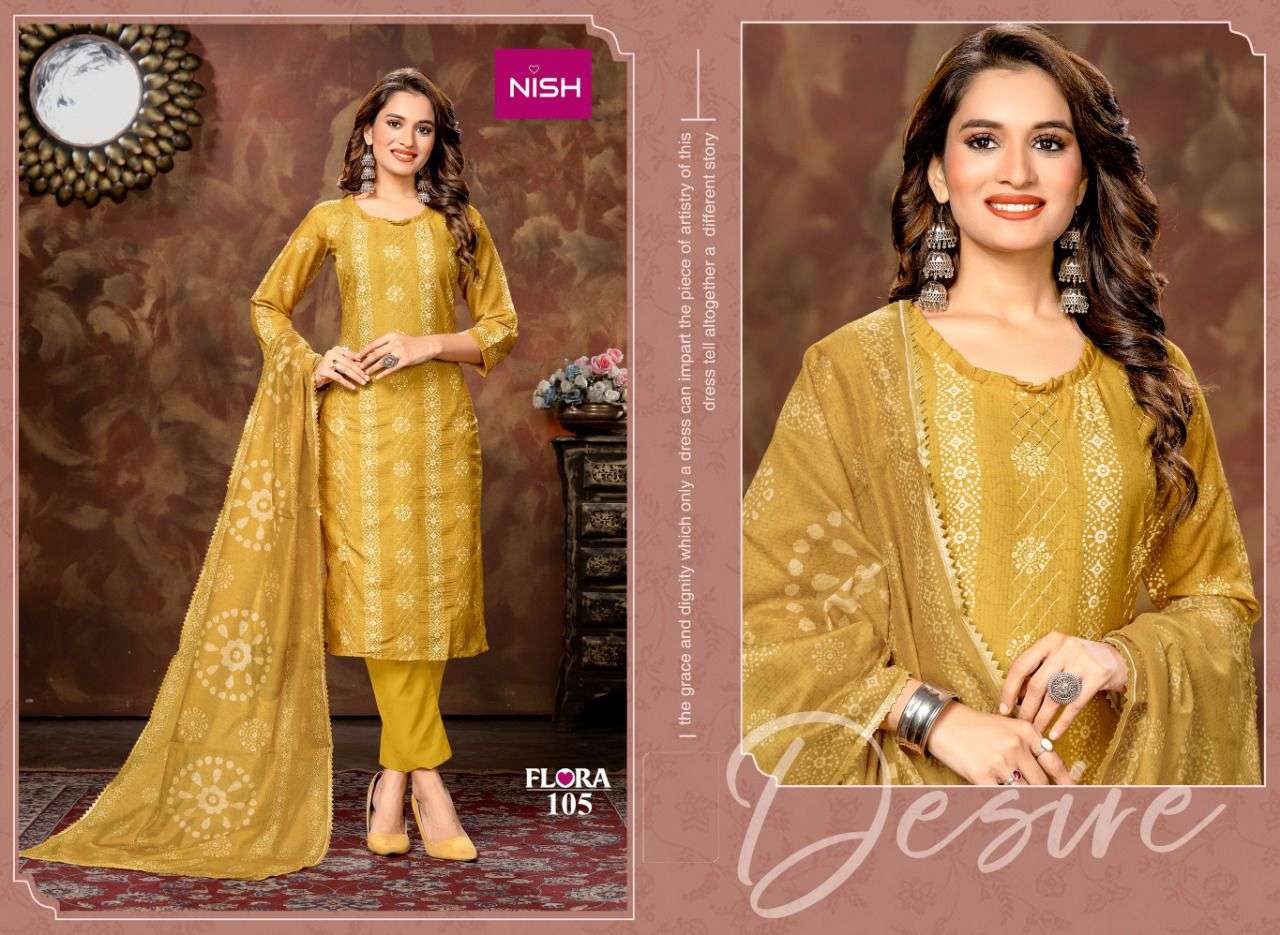 FLORA BY NISH 101 TO 108 SERIES BEAUTIFUL SUITS COLORFUL STYLISH FANCY CASUAL WEAR & ETHNIC WEAR CHINNON PRINT DRESSES AT WHOLESALE PRICE