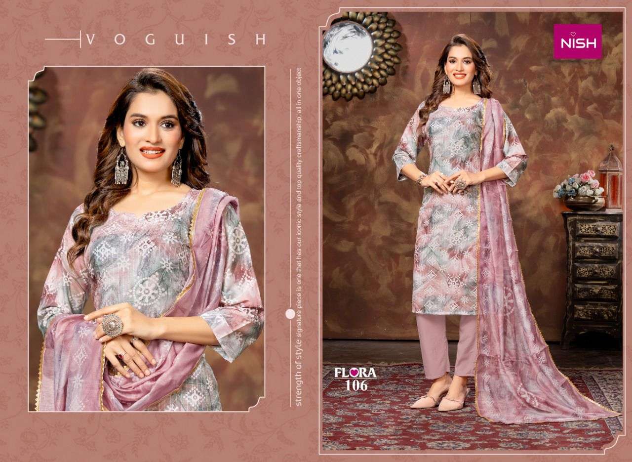 FLORA BY NISH 101 TO 108 SERIES BEAUTIFUL SUITS COLORFUL STYLISH FANCY CASUAL WEAR & ETHNIC WEAR CHINNON PRINT DRESSES AT WHOLESALE PRICE
