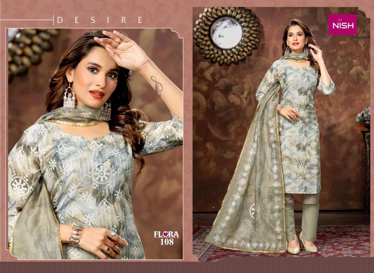 FLORA BY NISH 101 TO 108 SERIES BEAUTIFUL SUITS COLORFUL STYLISH FANCY CASUAL WEAR & ETHNIC WEAR CHINNON PRINT DRESSES AT WHOLESALE PRICE