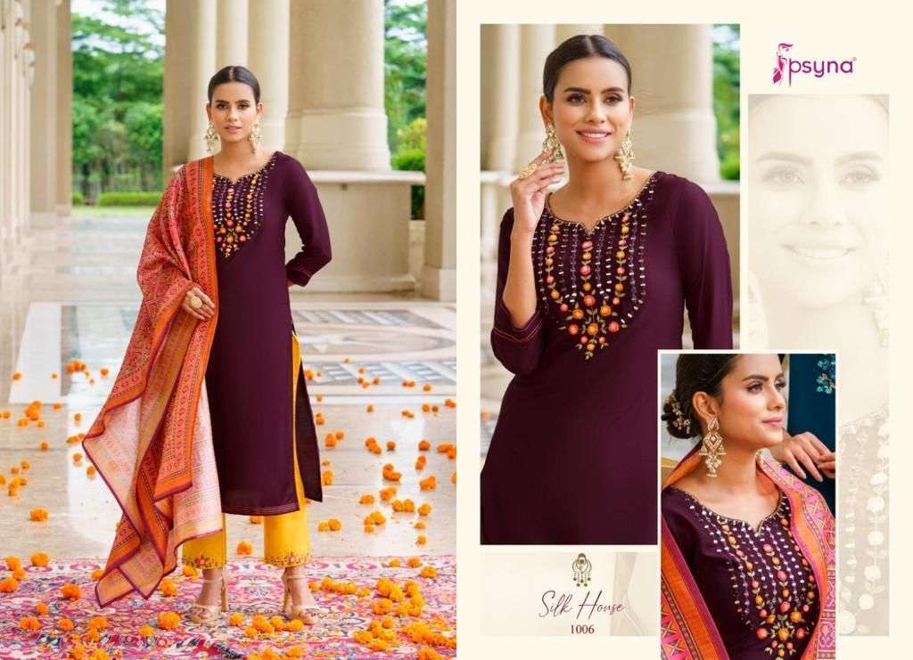 SILK HOUSE BY PSYNA 1001 TO 1006 SERIES SUITS BEAUTIFUL FANCY COLORFUL STYLISH PARTY WEAR & OCCASIONAL WEAR CHINNON SILK DRESSES AT WHOLESALE PRICE