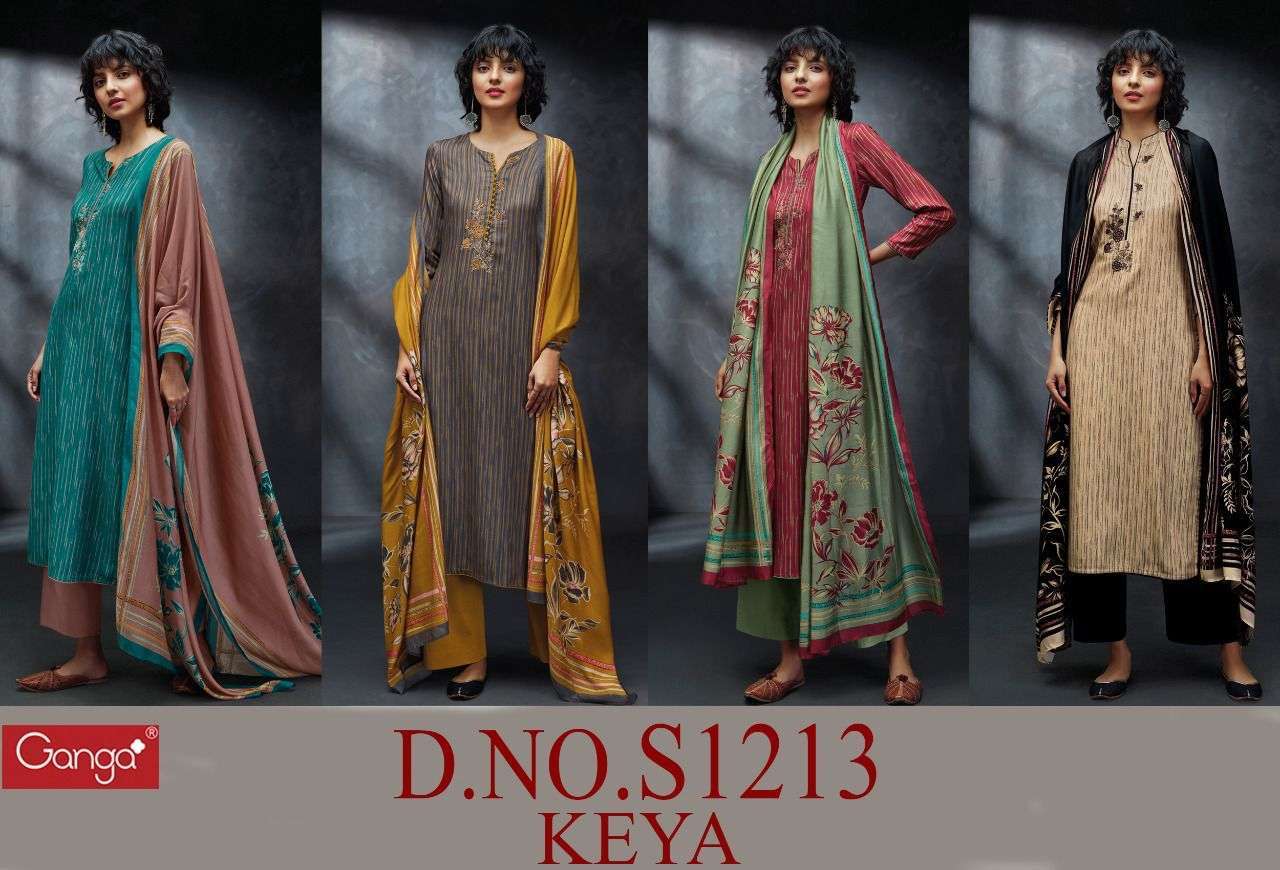 KEYA-1213 BY GANGA FASHION 1213-A TO 1213-D SERIES BEAUTIFUL SUITS COLORFUL STYLISH FANCY CASUAL WEAR & ETHNIC WEAR PREMIUM PASHMINA PRINT DRESSES AT WHOLESALE PRICE
