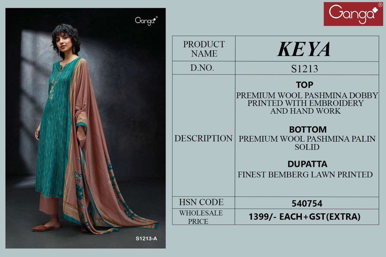KEYA-1213 BY GANGA FASHION 1213-A TO 1213-D SERIES BEAUTIFUL SUITS COLORFUL STYLISH FANCY CASUAL WEAR & ETHNIC WEAR PREMIUM PASHMINA PRINT DRESSES AT WHOLESALE PRICE
