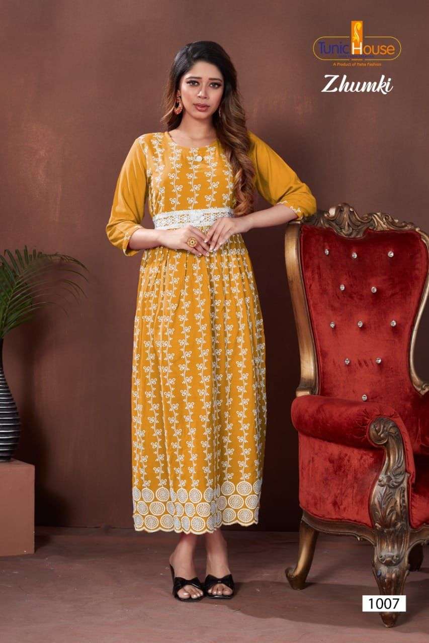 ZHUMKI BY TUNIC HOUSE 1000 TO 1012 SERIES STYLISH FANCY BEAUTIFUL COLORFUL CASUAL WEAR & ETHNIC WEAR HEAVY VISCOSE RAYON WITH WORK GOWNS AT WHOLESALE PRICE