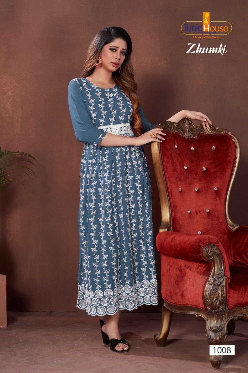 ZHUMKI BY TUNIC HOUSE 1000 TO 1012 SERIES STYLISH FANCY BEAUTIFUL COLORFUL CASUAL WEAR & ETHNIC WEAR HEAVY VISCOSE RAYON WITH WORK GOWNS AT WHOLESALE PRICE