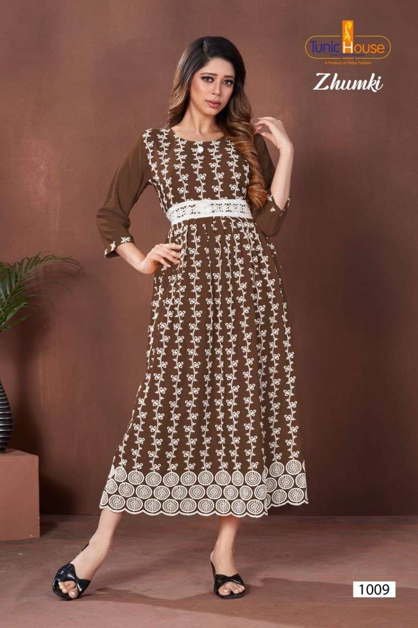 ZHUMKI BY TUNIC HOUSE 1000 TO 1012 SERIES STYLISH FANCY BEAUTIFUL COLORFUL CASUAL WEAR & ETHNIC WEAR HEAVY VISCOSE RAYON WITH WORK GOWNS AT WHOLESALE PRICE