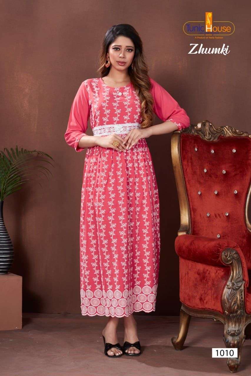 ZHUMKI BY TUNIC HOUSE 1000 TO 1012 SERIES STYLISH FANCY BEAUTIFUL COLORFUL CASUAL WEAR & ETHNIC WEAR HEAVY VISCOSE RAYON WITH WORK GOWNS AT WHOLESALE PRICE