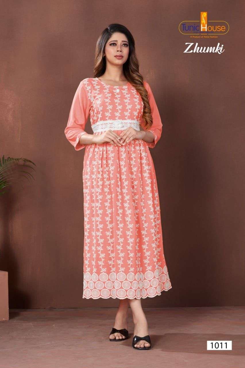 ZHUMKI BY TUNIC HOUSE 1000 TO 1012 SERIES STYLISH FANCY BEAUTIFUL COLORFUL CASUAL WEAR & ETHNIC WEAR HEAVY VISCOSE RAYON WITH WORK GOWNS AT WHOLESALE PRICE