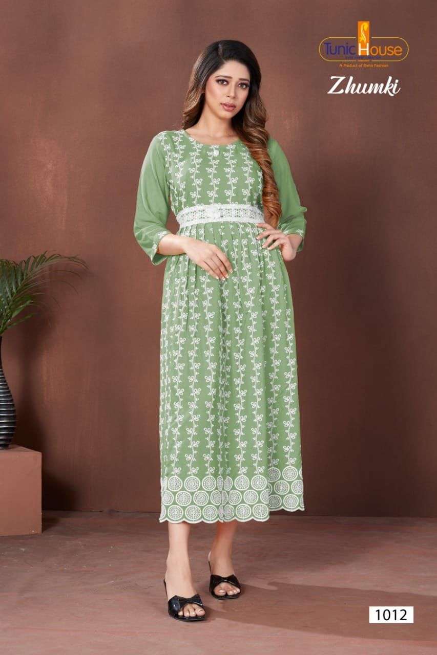 ZHUMKI BY TUNIC HOUSE 1000 TO 1012 SERIES STYLISH FANCY BEAUTIFUL COLORFUL CASUAL WEAR & ETHNIC WEAR HEAVY VISCOSE RAYON WITH WORK GOWNS AT WHOLESALE PRICE