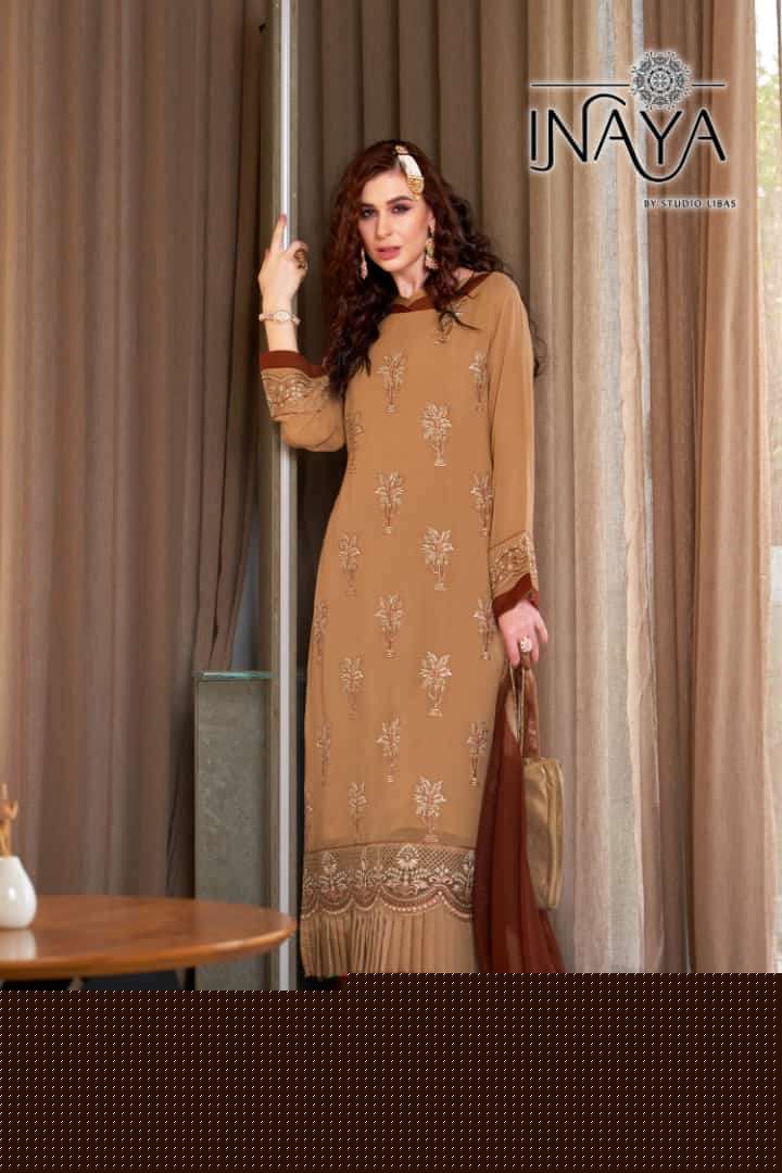 LUXURY PRET COLLECTION VOL-163 BY INAYA 01 TO 03 SERIES BEAUTIFUL STYLISH PAKISTANI SUITS FANCY COLORFUL CASUAL WEAR & ETHNIC WEAR & READY TO WEAR PURE GEORGETTE EMBROIDERY DRESSES AT WHOLESALE PRICE