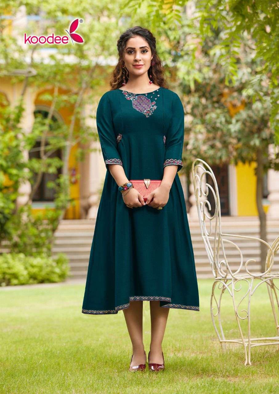 Shine By Koodee 1001 To 1004 Series Designer Stylish Fancy Colorful Beautiful Party Wear & Ethnic Wear Collection Heavy Chinnon Kurtis At Wholesale Price