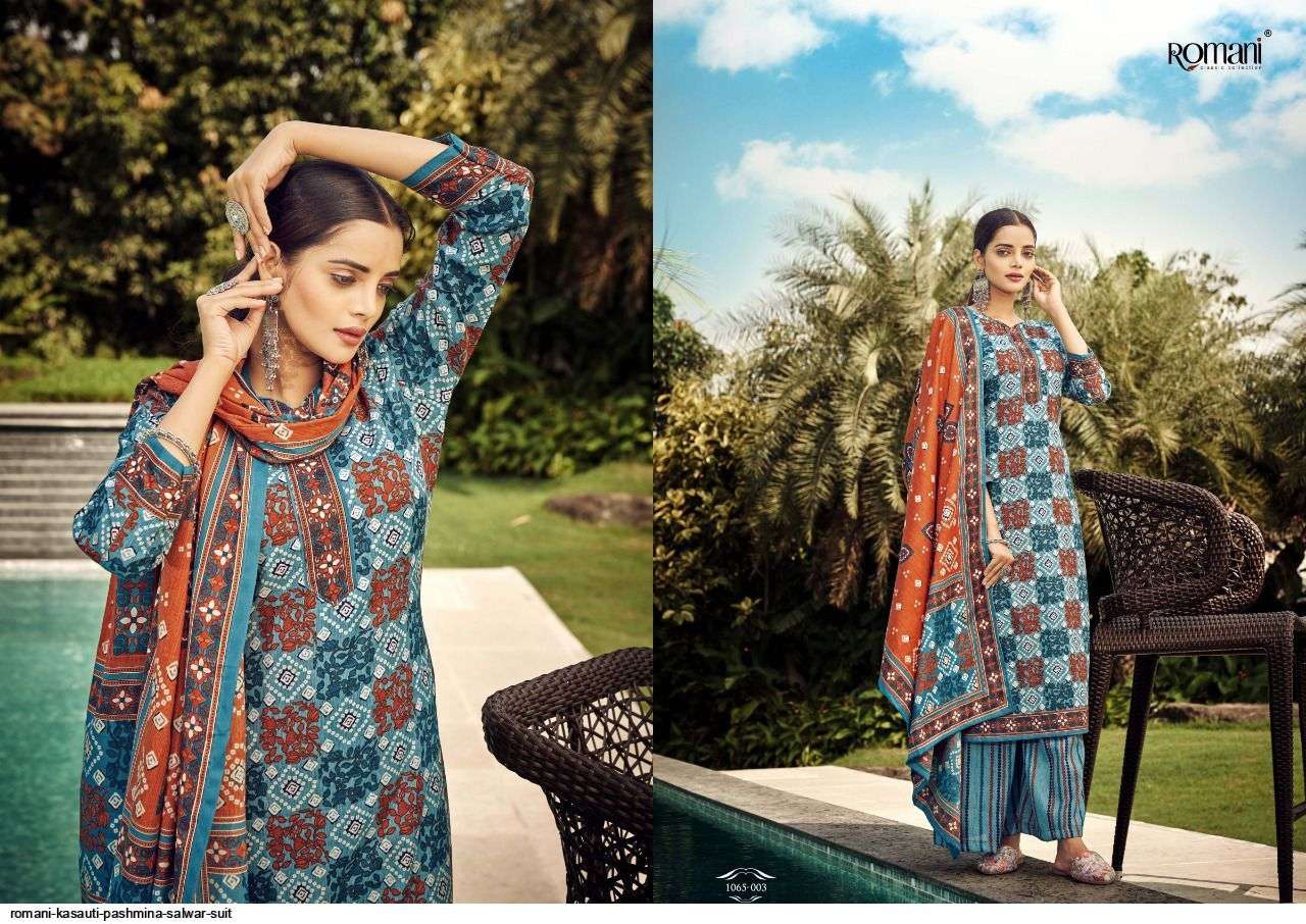 Kasauti By Romani 1065-001 To 1065-010 Series Beautiful Stylish Suits Fancy Colorful Casual Wear & Ethnic Wear & Ready To Wear Pure Pashmina Print Dresses At Wholesale Price